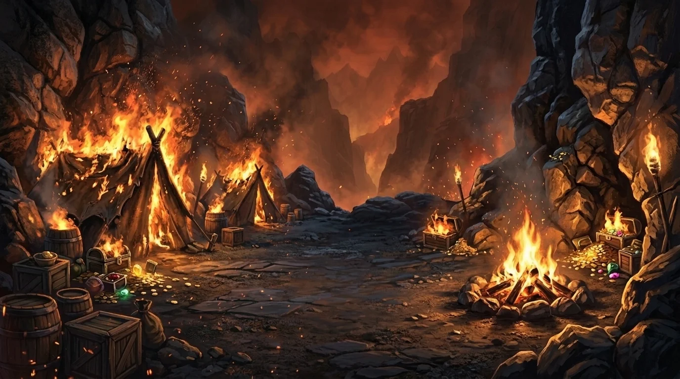 A burning night camp in a mountain gorge — the bonus scene of VRosh Camp