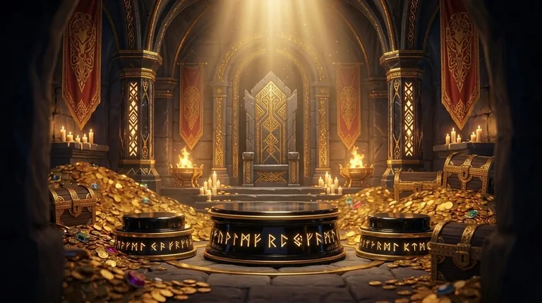 The third-tier lair: a throne room with banners, gold and rune pedestals