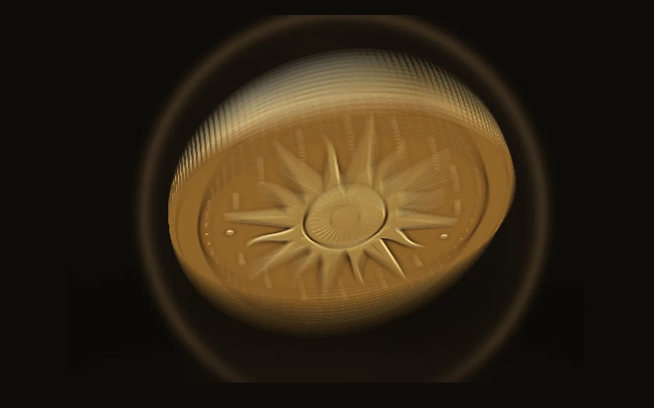 A golden coin with a sun relief spinning in the air
